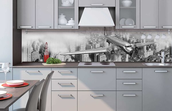 DIMEX | Fototapeta do kuchyne Lietadlo KI-260-039 | 260 x 60 cm | čiernobiela