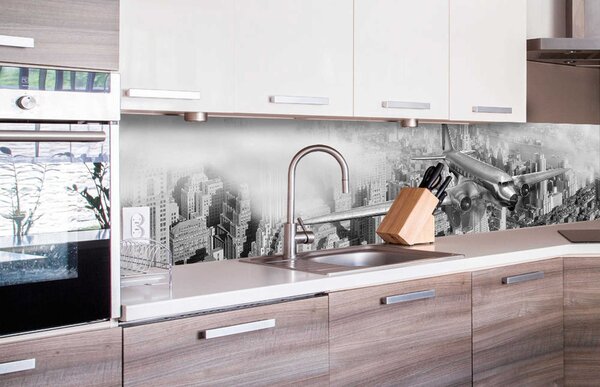 DIMEX | Fototapeta do kuchyne Lietadlo KI-260-039 | 260 x 60 cm | čiernobiela