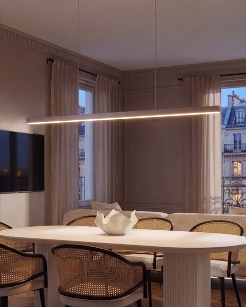 LED závesná lampa strieborná kovová lineárna 160 cm industriálny moderný štýl kuchyňa jedáleň