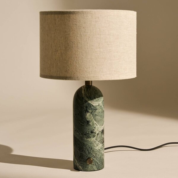 GUBI Stolová lampa Gubi Gravity Small, zelený mramor, krémová plátna, Zelená, Obývacia izba / jedáleň, Kameň, Dizajn, Stojacie svietidlo