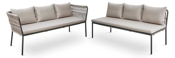 Stern Jedálenská rohová zostava Marla 2-dielna 253x198 cm, Stern, 1x lavica s podrúčkami + 1 x lavica bez podrúčok, rám hliník antracite, výplet lanko Salt, sedáky 100% akryl Grey Brown