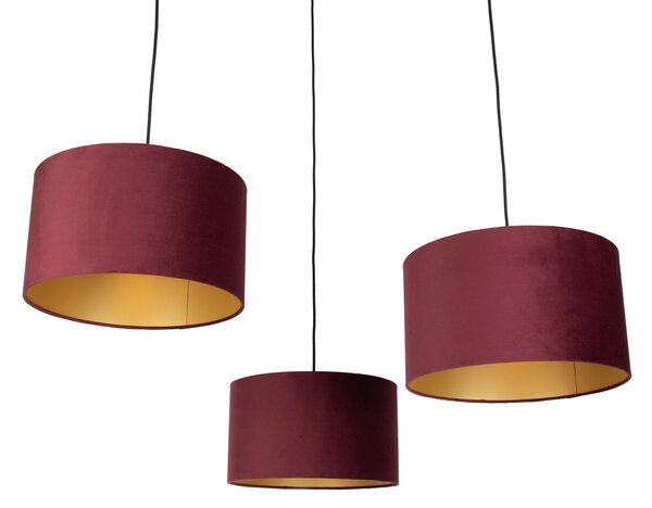 Závesná lampa čierna s červeným tienidlom a zlatým interiérom 35cm 3-svetlá - Cava
