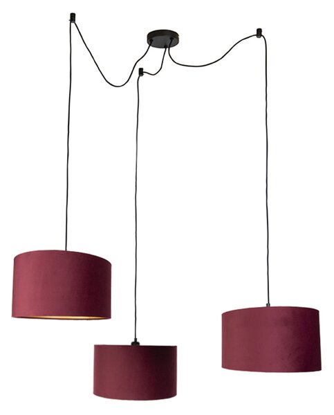 Závesná lampa čierna s červeným tienidlom a zlatým interiérom 35cm 3-svetlá - Cava