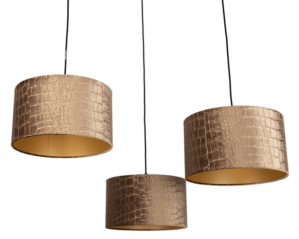 Závesná lampa čierna s tienidlom s krokodílím vzorom a zlatým interiérom 35 cm 3-svetlá - Cava
