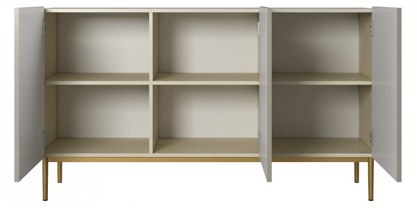 Komoda Nicole 150 cm trojdverová s ryhovaným čelom - kašmír / zlaté nohy