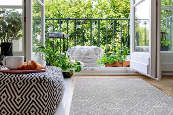 Koberec šnúrkový SIZAL FLAT 48731637 štvorce, romby, geometrický - sivý / krém