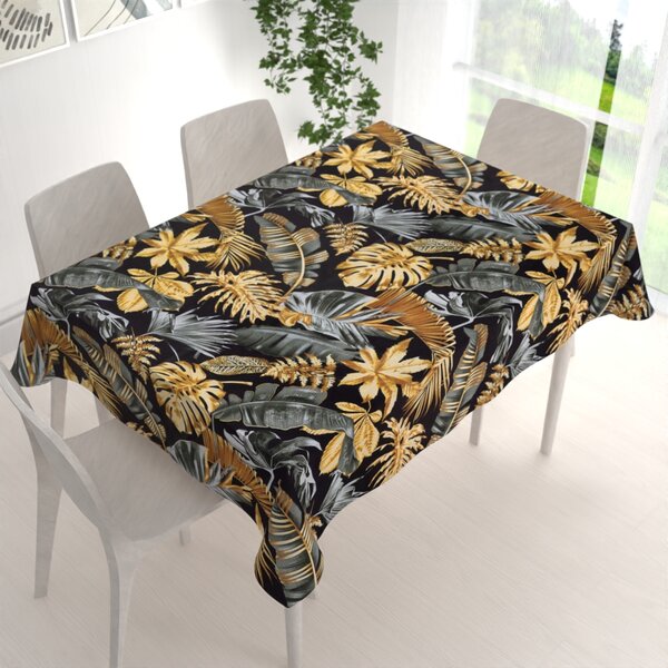 Biante Bavlnený obdĺžnikový obrus Sandra SA-389 Sivozelené a zlaté tropické listy na čiernom 50x100 cm