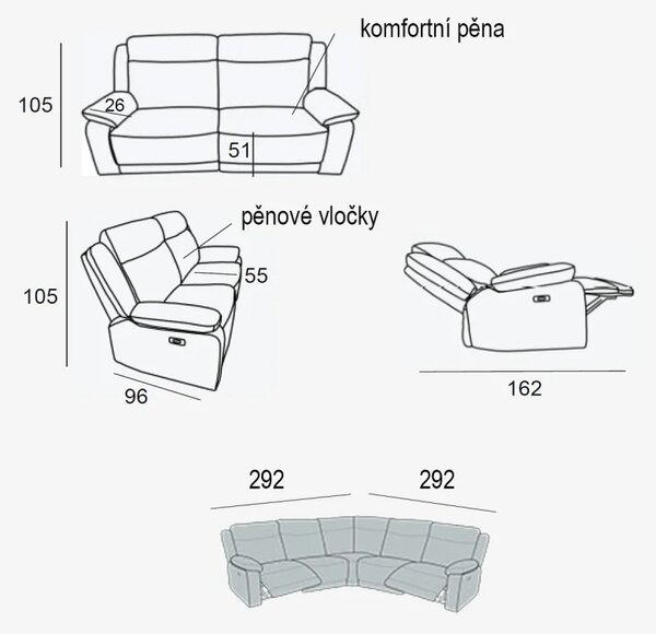 Zltahala.sk Kožená sedacia súprava CONTINENTAL rohová s funkciou relax, elektrické, čierna (nero 308)