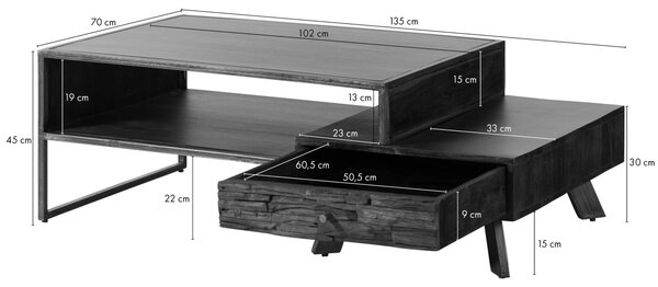 Konferenčný stolík akácia / recyklované drevo 135x70x45 hnedý lakovaný CITY