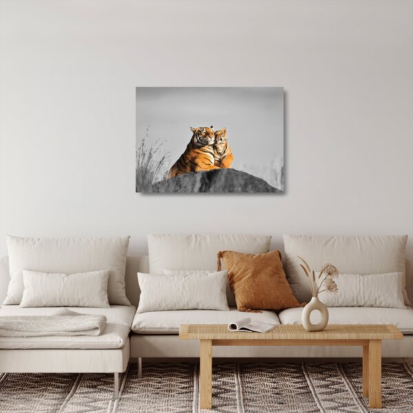 Sklenený obraz - Tigrice a jej mláďa, čiernobiely variant (70x50 cm)