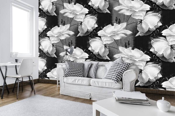 Fototapeta - Kvetinový vzor - čiernobiely (152,5x104 cm)
