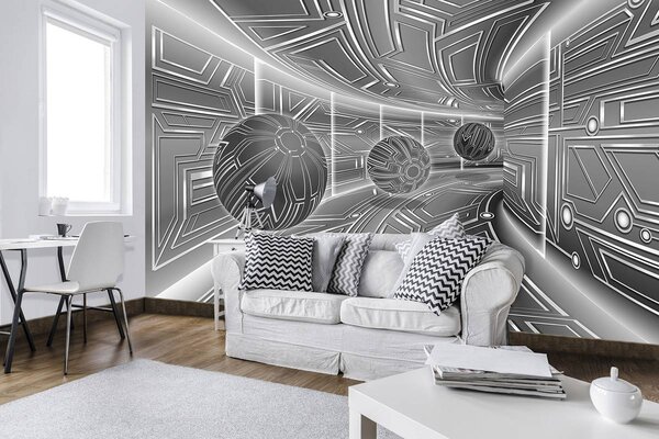 Fototapeta - 3D šedý tunel s guľou (152,5x104 cm)
