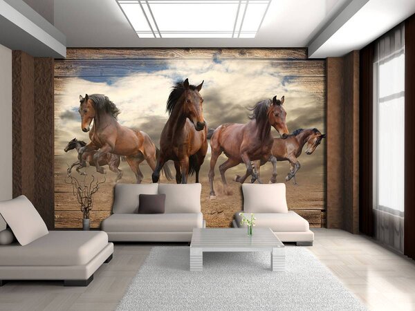 Fototapeta - Cval koňa na drevených doskách (152,5x104 cm)
