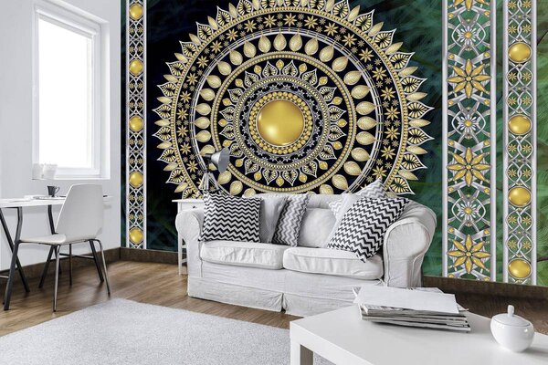 Fototapeta - Zlatá mandala v zelenej (152,5x104 cm)