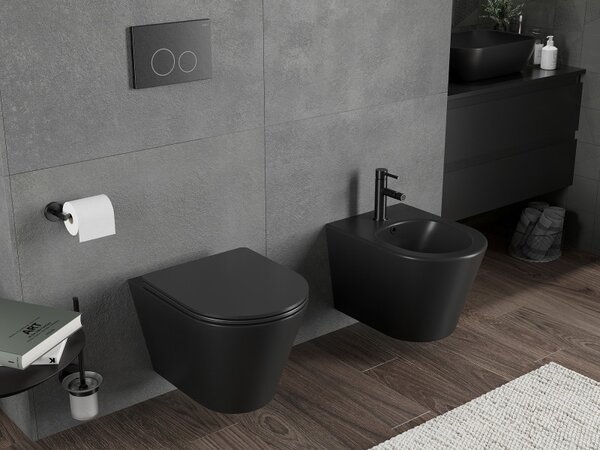 Mexen Rico, závesná WC misa 490x360x370 mm, Rimless Tornádo + WC sedadlo z duroplastu, čierna matná, 30721085T
