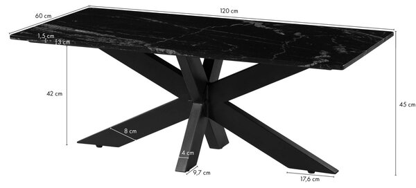 Konferenčný stolík 120x60x45 mramor čierny / krížový rám železo čierne BARCELONA