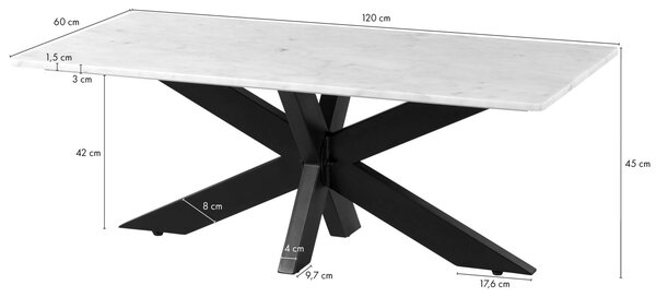 Konferenčný stolík 120x60x45 mramor biely / krížový rám železo čierny BARCELONA