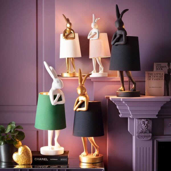 Kare stolová lampa Animal Rabbit, zlatá/čierna, 50 cm, E14, Mosadz / zlato, Obývacia izba / jedáleň, Textil / látka / hodváb, Dizajn, Stojacie svietidlo
