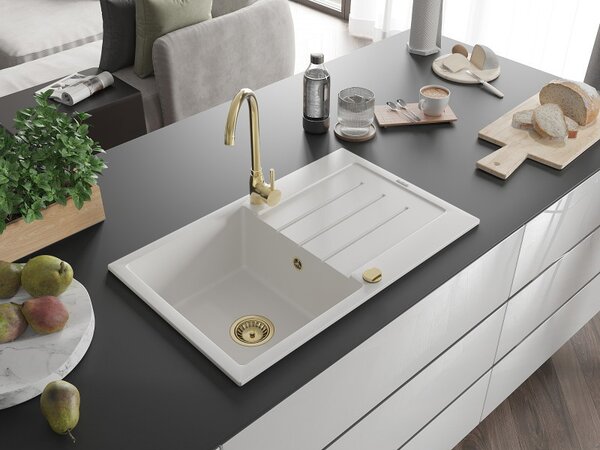 Mexen Bruno, granitový drez 795x495x200 mm, 1-komorový, biela so zlatým sifónom, 6513791010-20-G