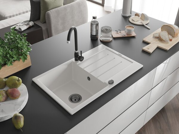 Mexen Bruno, granitový drez 795x495x200 mm, 1-komorový, biela s čiernym sifónom, 6513791010-20-B