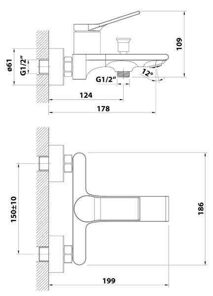 Aqualine Aqualine, BOLERO nástenná vaňová batéria, rozteč 150mm, chróm, BC010