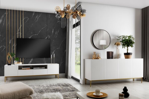 TV stolík Nicole 200 cm s otvorenou policou - biely mat / zlatá