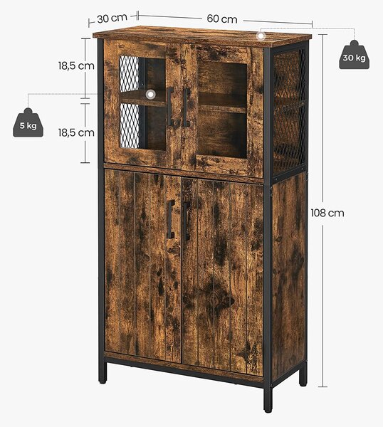 VASAGLE Skriňa s vitrínou kovový rám hnedá 60 x 30 x 108