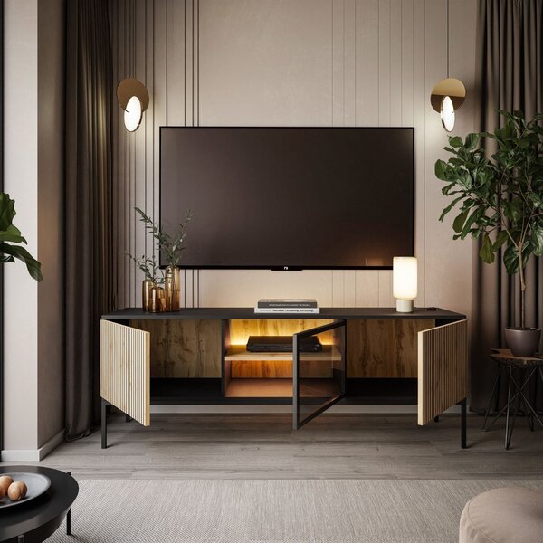 TV STOLÍK ALESSIO NA NOŽIČKÁCH DUB WOTAN / ČIERNY LED
