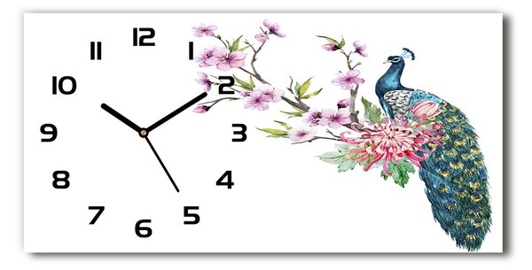 Vodorovné Sklenené hodiny na stenu tiché Páv a kvety