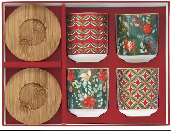 FEDORA Home Set pre 4 osoby - porcelánový hrnček espresso s bambusovým tanierikom, 110ml, Coffee Mania Christmas Joy