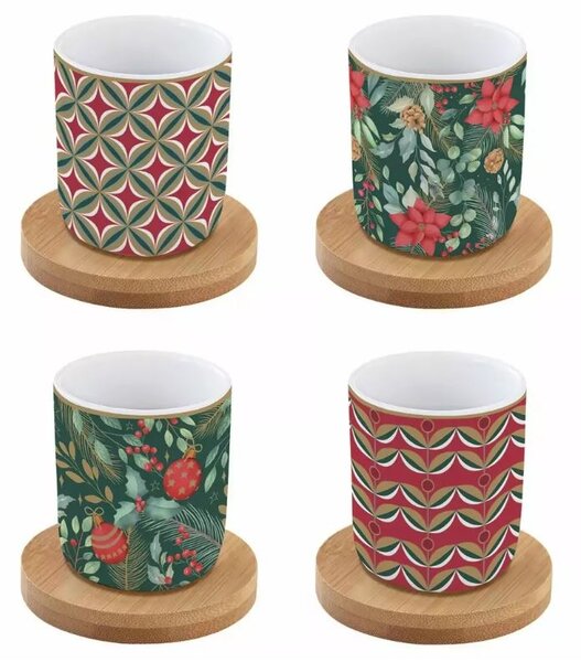 FEDORA Home Set pre 4 osoby - porcelánový hrnček espresso s bambusovým tanierikom, 110ml, Coffee Mania Christmas Joy