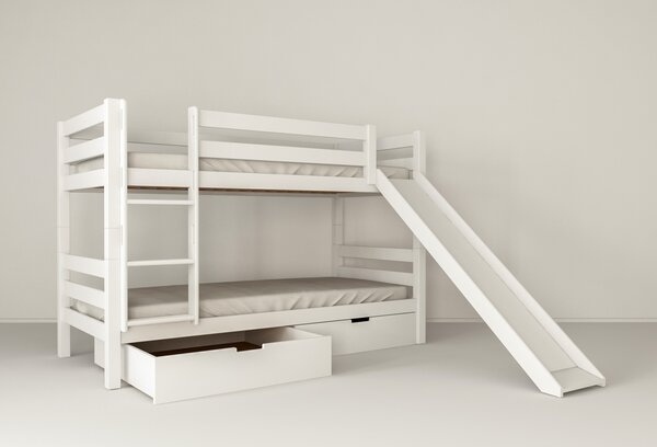 Detská poschodová posteľ so šmýkačkou z MASÍVU BUK - MARK 200x90cm - biela