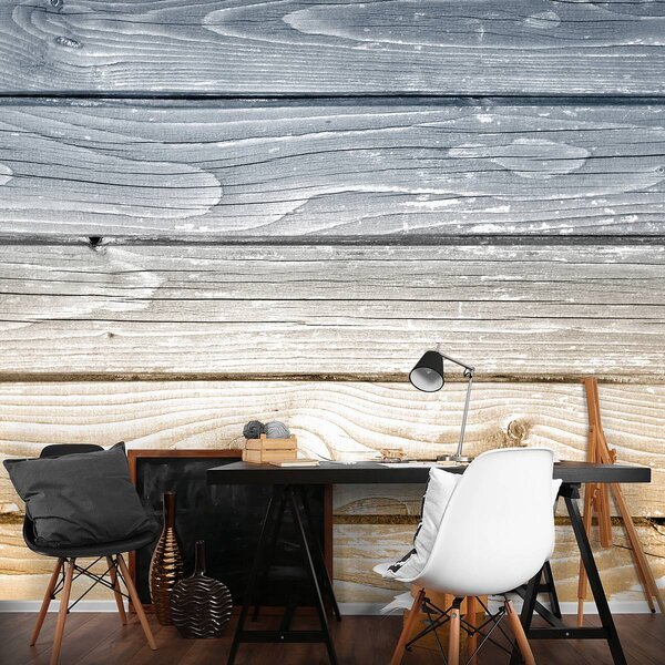 Fototapeta - Modré a žlté drevené dosky (152,5x104 cm)