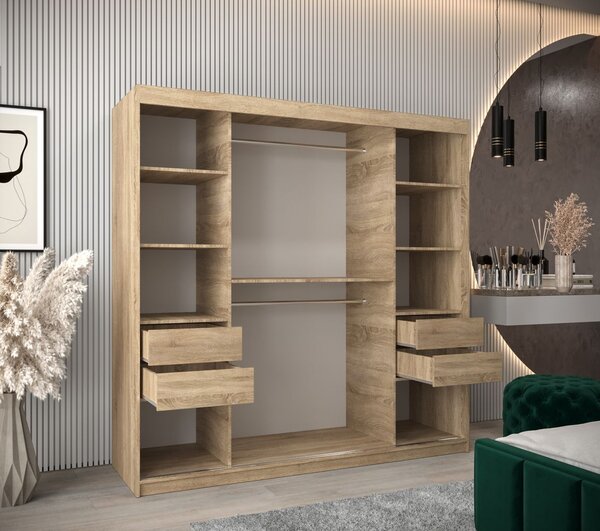 Elegantná šatníkková skriňa s posuvnými dverami Erika 200 vo farbe dub sonoma-biela