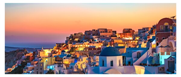 Obraz - Santorini pri zotmení (120x50 cm)