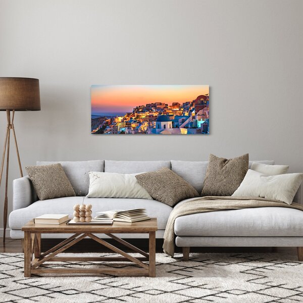 Obraz - Santorini pri zotmení (120x50 cm)
