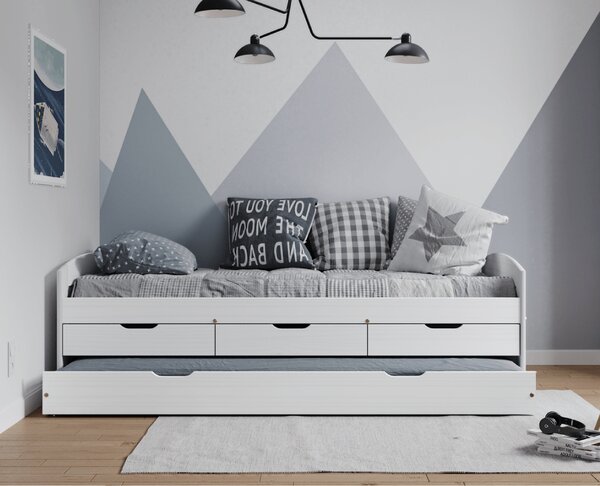 KONDELA Posteľ s výsuvnou prístelkou, biela, masív, 90x200, MARINELLA NEW