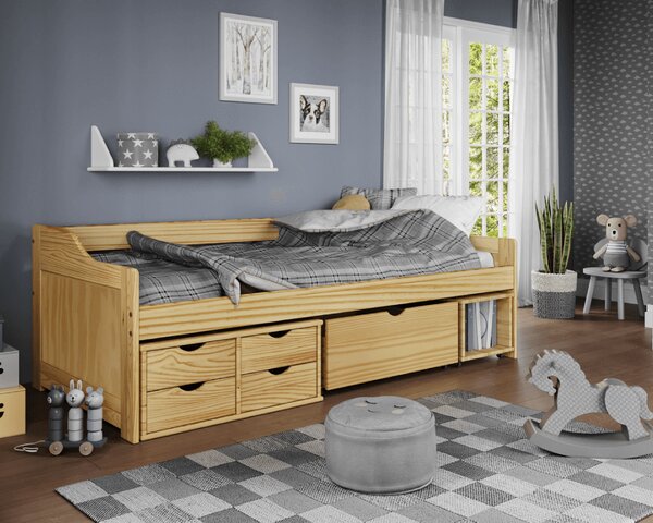 KONDELA Posteľ s úložným priestorom, prírodná, masív, 90x200, MAXI NEW
