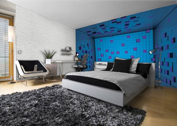 Fototapeta - 3D miestnosť z modrých kociek (152,5x104 cm)