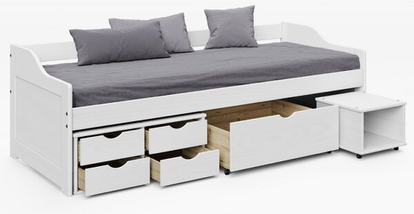 KONDELA Posteľ s úložným priestorom, biela, masív, 90x200, MAXI NEW