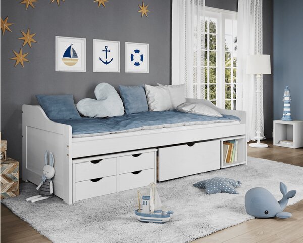KONDELA Posteľ s úložným priestorom, biela, masív, 90x200, MAXI NEW
