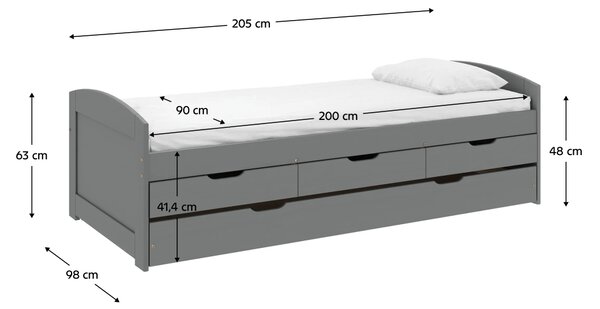 KONDELA Posteľ s výsuvnou prístelkou, sivá, masív, 90x200, MARINELLA NEW