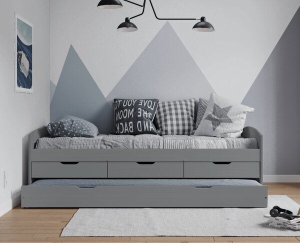 KONDELA Posteľ s výsuvnou prístelkou, sivá, masív, 90x200, MARINELLA NEW