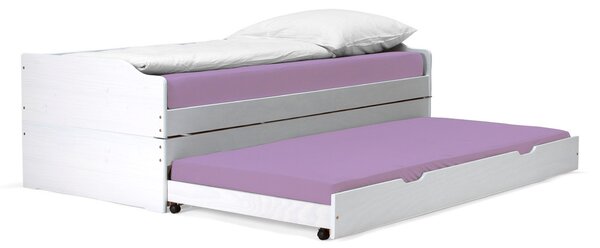 KONDELA Posteľ s výsuvnými prístelkami, biela, masív, 90x200, FLOPY
