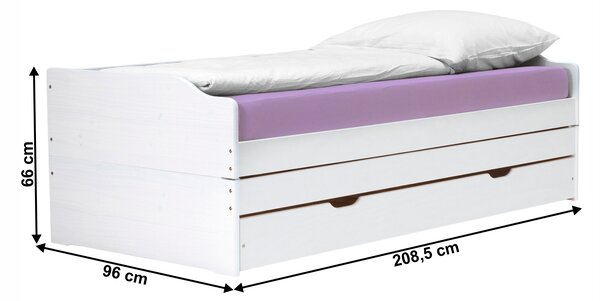 KONDELA Posteľ s výsuvnými prístelkami, biela, masív, 90x200, FLOPY