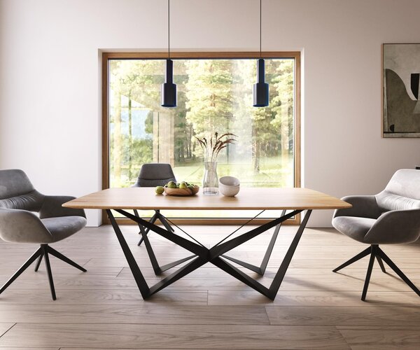 DELIFE Jedálenský stôl Edge oválny 200x100x2,5-3 dub prírodný Spider plochá oceľ čierna švajčiarska hrana