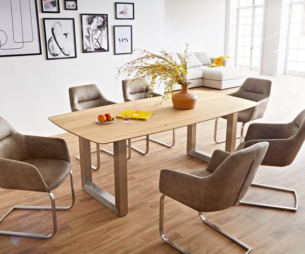 DELIFE Jedálenský stôl Edge oválny 200x100x2,5-3 cm dub prírodný nerezová oceľ široký švajčiarska hrana