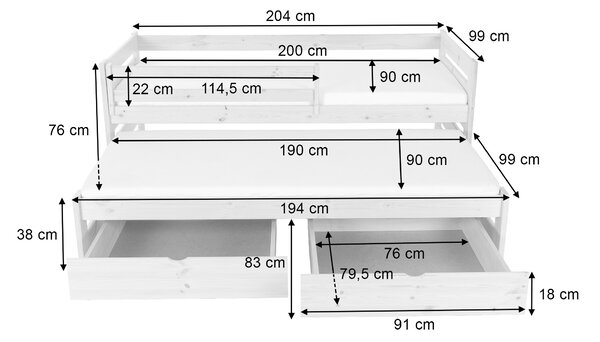 Wilsondo Detská posteľ s prístelkou Veronika 7 90x200 - biela
