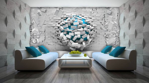 Fototapeta - 3D modrá lopta a biela tehlová stena (152,5x104 cm)