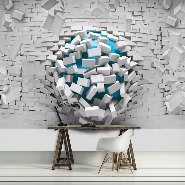 Fototapeta - 3D modrá lopta a biela tehlová stena (152,5x104 cm)